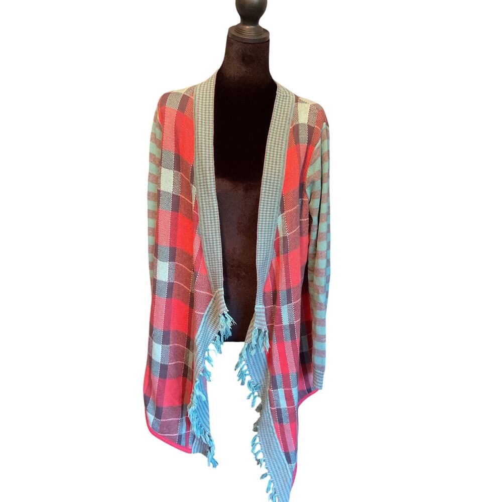 Matilda Jane Steadfast Plaid Fringe Open Cardigan Teal Stripe Boho Women Med M